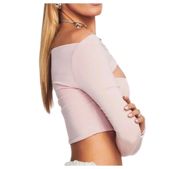 SALE‼️SER.O.YA Ellis Jersey Crop Top Sz XS Pink Cutout Twist Front Long Sleeve - Picture 2 of 5